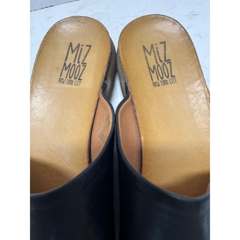 Miz Mooz Mae Black Leather Whipstitch Slide Sandals Portugal Size 39 8.5